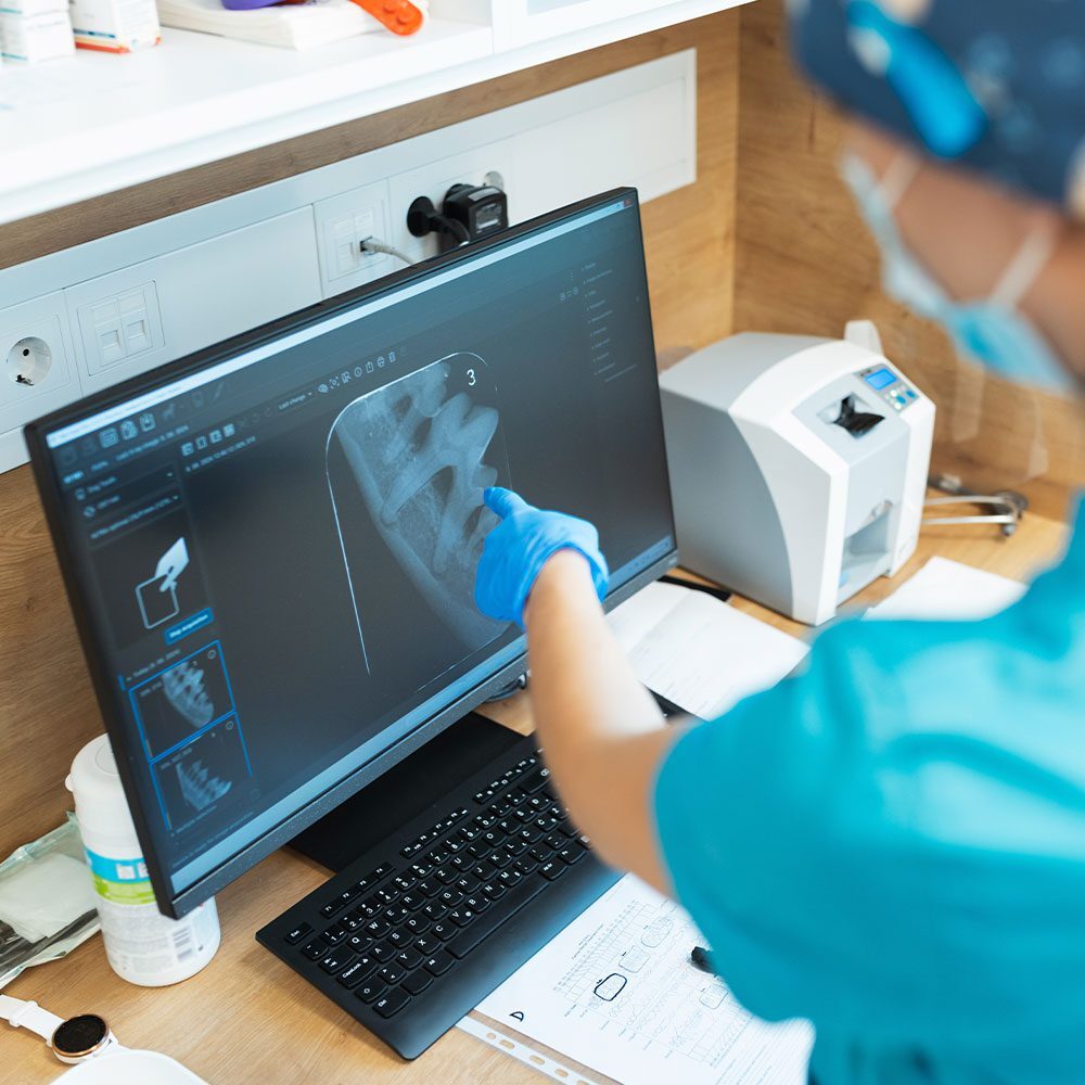 veterinarian wearing surgical cap and gloves pointing at dental x-rays on computer screen