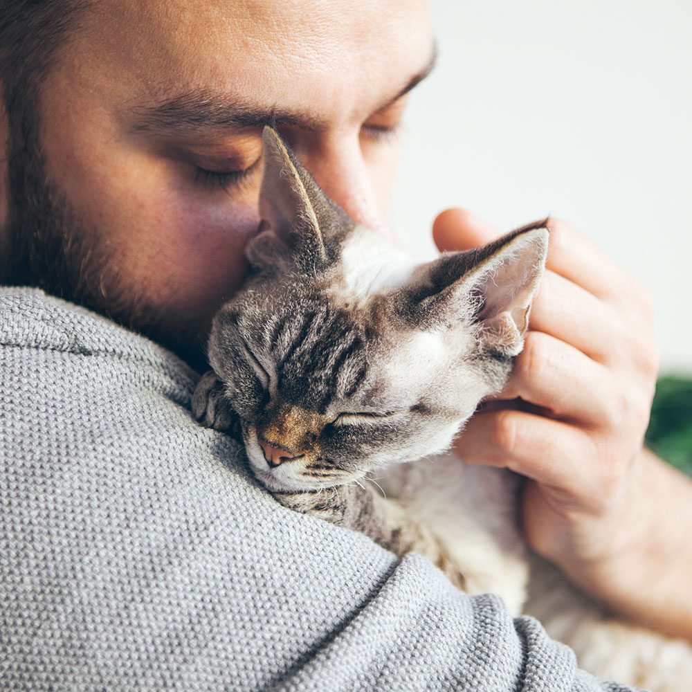 man hugging and kissing striped tabby cat